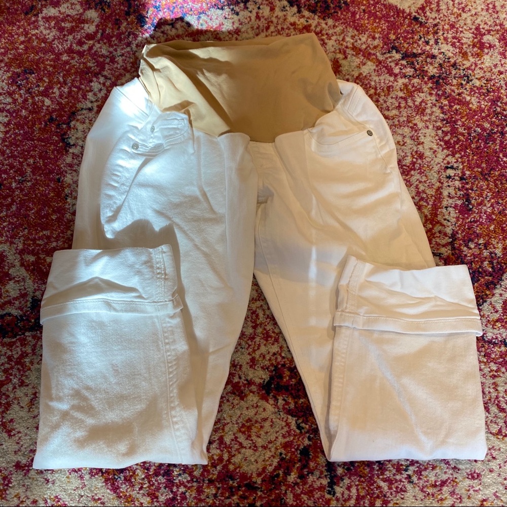 Indigo blue white maternity jeans. Medium.
